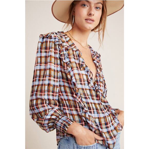Maeve Anthropologie Laila Plaid Chiffon Ruffle Blouse Sz 8 - Picture 1 of 9